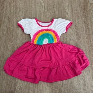 Girls Hot Pink Tiered Dress with Rainbow Appliqué